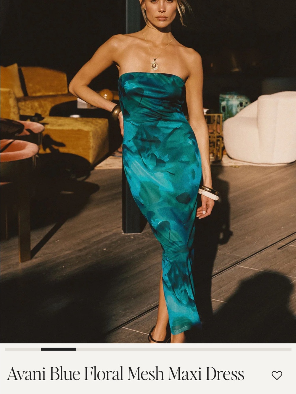 12th Tribe Teal Blue Floral Strapless Midi Dress